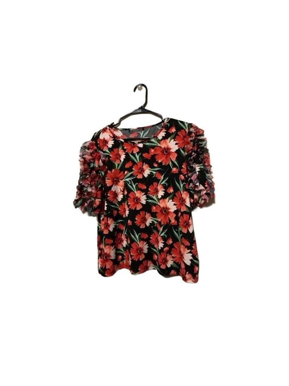 The Limited Red Floral Short Sleeve Blouse with Ruffled Sleeves